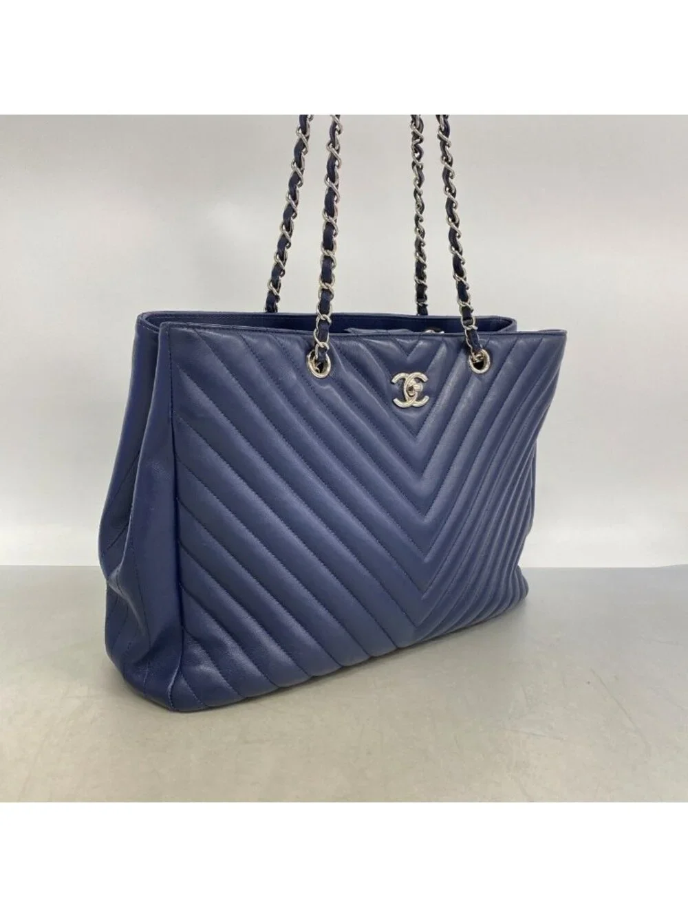 Chanel Chain Tote Stitch Lambskin Navy Silver